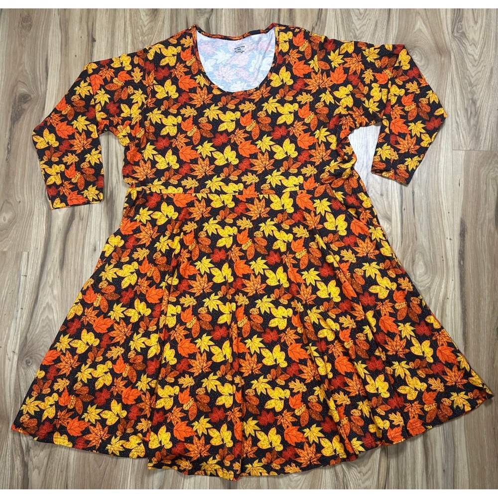 Svaha USA Fit Flare Twirl Dress Sz 4XL Autumn Leaves Organic Cotton Pockets Cozy
